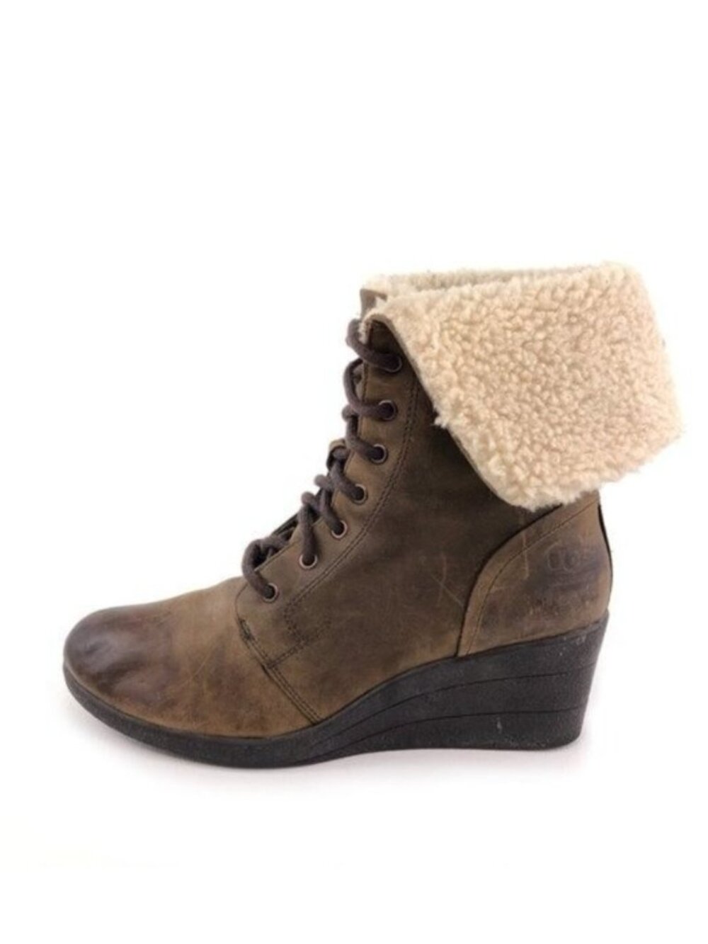 UGG Zea Brown Leather Wedge Winter Boots 9